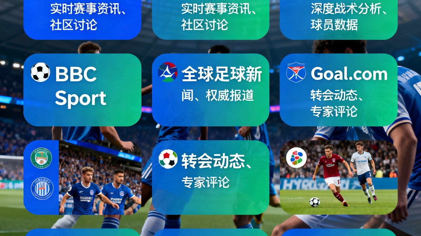足球资讯资源推荐页面，整齐排列着国内外优质足球媒体和数据分析网站的导航卡片，每张卡片配有简介